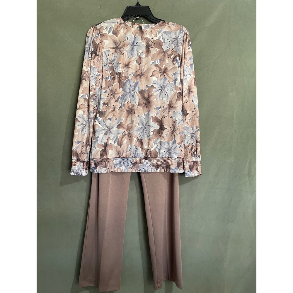 Blair Womens 2 Piece Pant Set Size 10 Cocoa Floral Blouse Straight Leg 289 USA